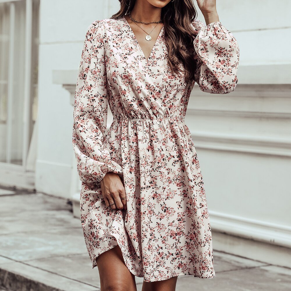 Bloemenjurk | Lange Mouw | V-Hals | Mini Jurk | Zomerjurk-Hallo Susanne