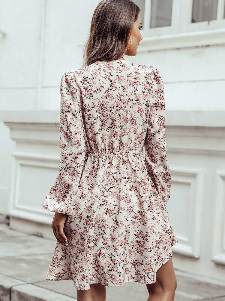 Bloemenjurk | Lange Mouw | V-Hals | Mini Jurk | Zomerjurk-Hallo Susanne