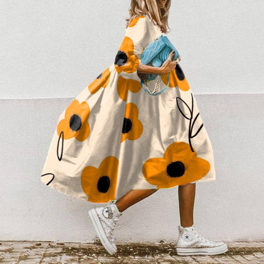 Bloemenjurk | Los model | Lange Mouw | Midi Jurk | Zomerjurk-Hallo Susanne