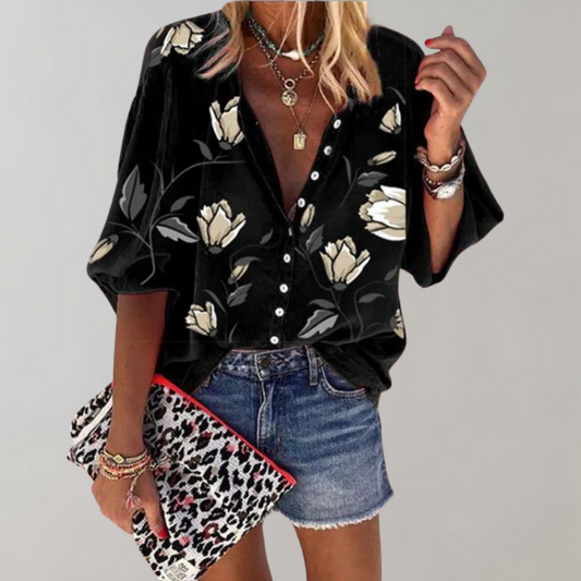 Bloemetjesblouse - Losjes model - Halve mouwen - Zomertop - Zomerkleding voor dames-Hallo Susanne
