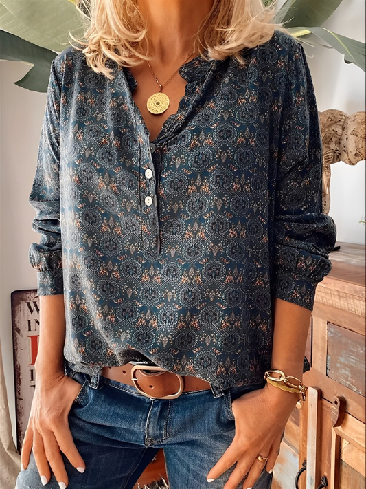 Blouse - Vrouwen Lange Mouw V-Hals Vintage Blouse-Hallo Susanne