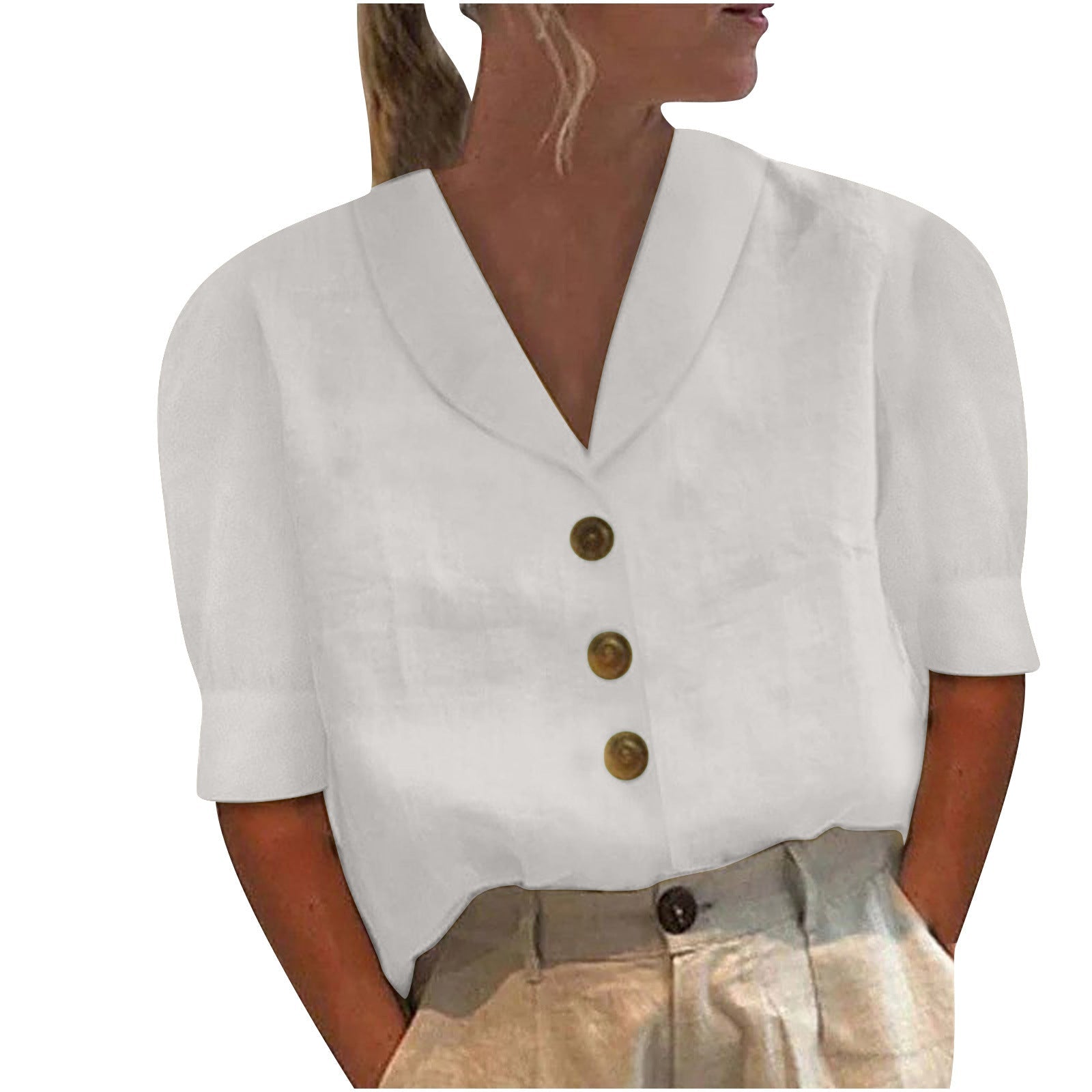 Blouse met korte mouwen | Losse pasvorm | Kraag | Knoopsluiting | Dames tops-Hallo Susanne