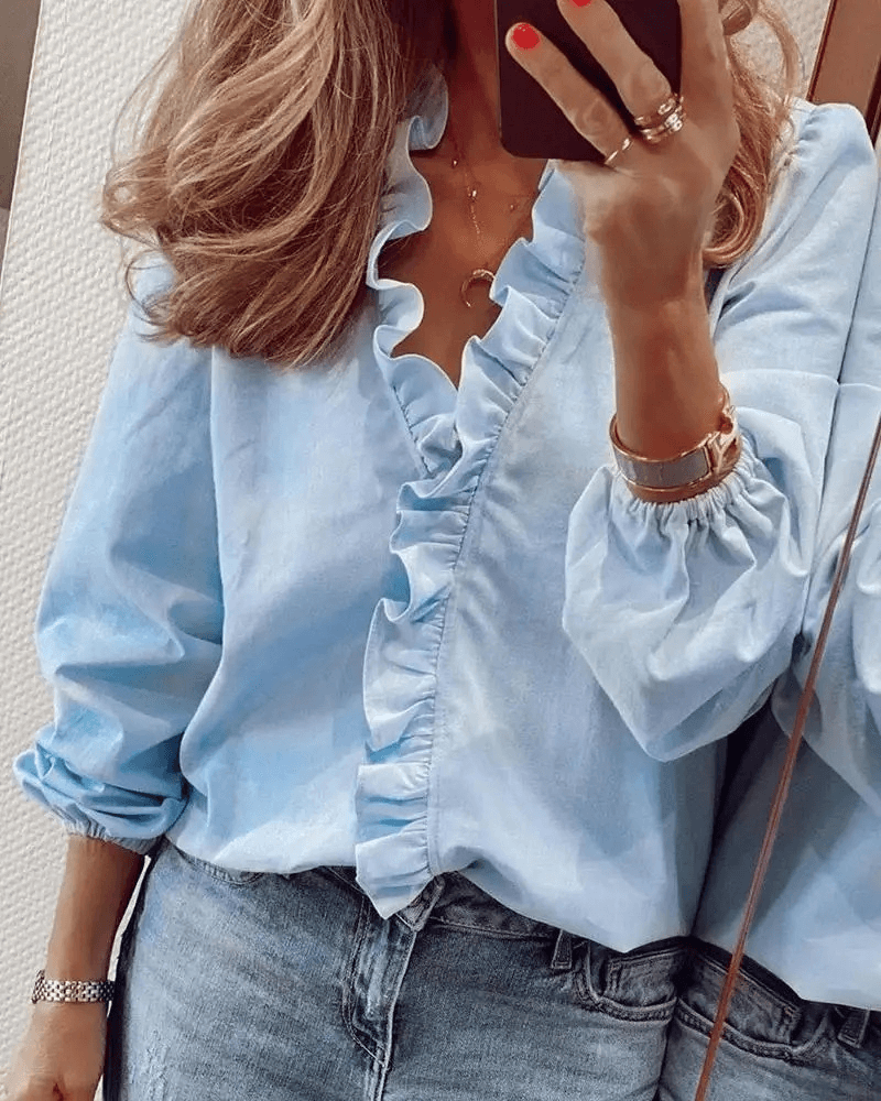Blouse met ruches | Elegant | Lange Mouwen | Blouse met V-Hals | Vrouwenhemd-Hallo Susanne