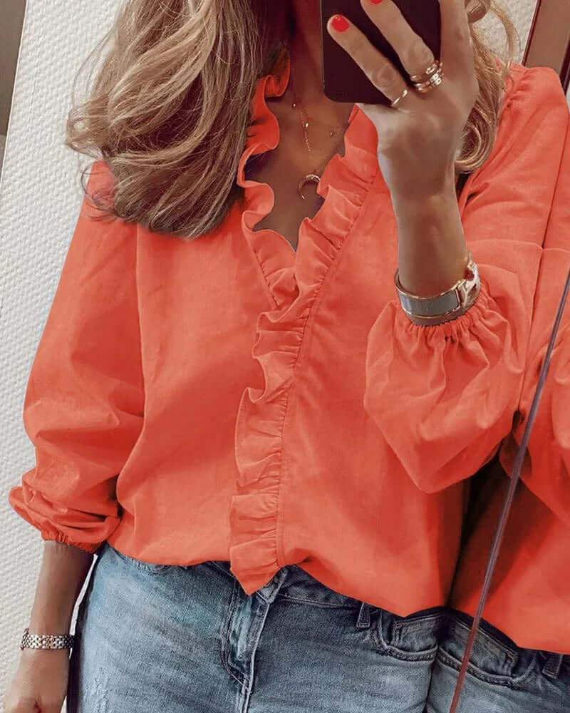 Blouse met ruches | Elegant | Lange Mouwen | Blouse met V-Hals | Vrouwenhemd-Hallo Susanne