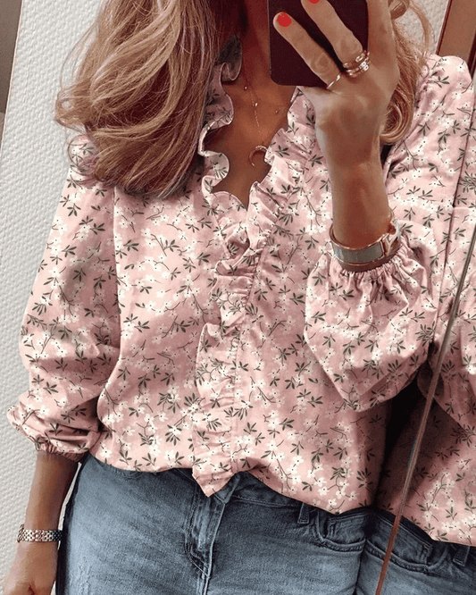 Blouse met ruches | Elegant | Lange Mouwen | Blouse met V-Hals | Vrouwenhemd-Hallo Susanne