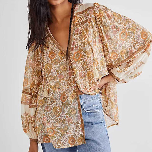 Boho-blouse - Losvallende damesblouse met knopen en lange mouwen met bloemenprint-Hallo Susanne