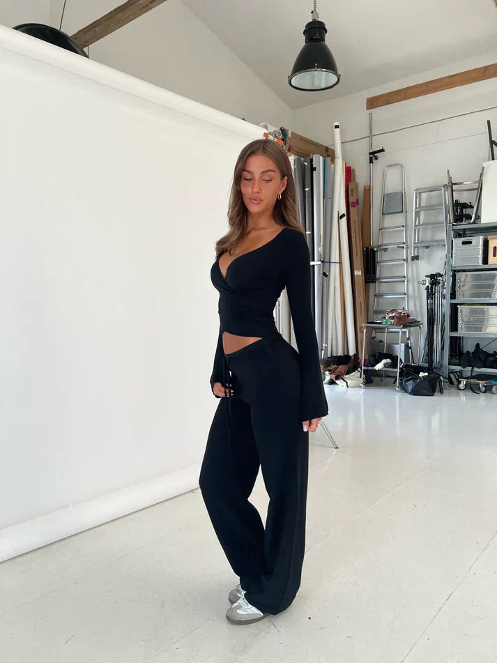 Broek en top set | Lange mouwen | V-hals | Tweedelige set | Dameskleding-Hallo Susanne