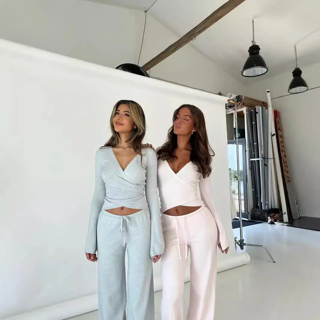 Broek en top set | Lange mouwen | V-hals | Tweedelige set | Dameskleding-Hallo Susanne