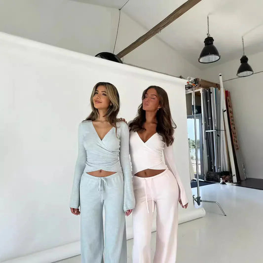 Broek en top set | Lange mouwen | V-hals | Tweedelige set | Dameskleding-Hallo Susanne