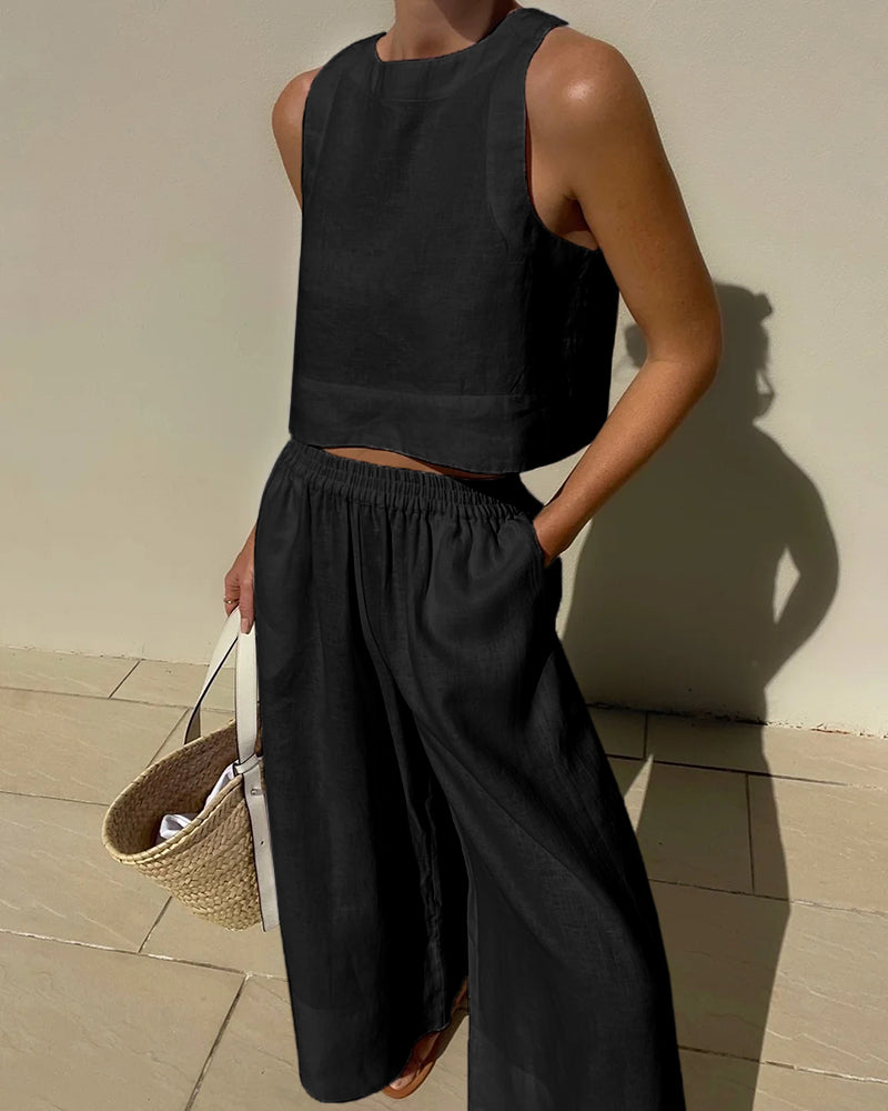 Broek met Wijde Pijpen en Top - Casual Loose Fit Zomerset voor Dames-Hallo Susanne