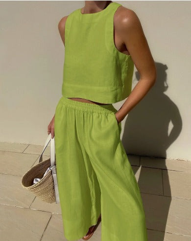 Broek met Wijde Pijpen en Top - Casual Loose Fit Zomerset voor Dames-Hallo Susanne