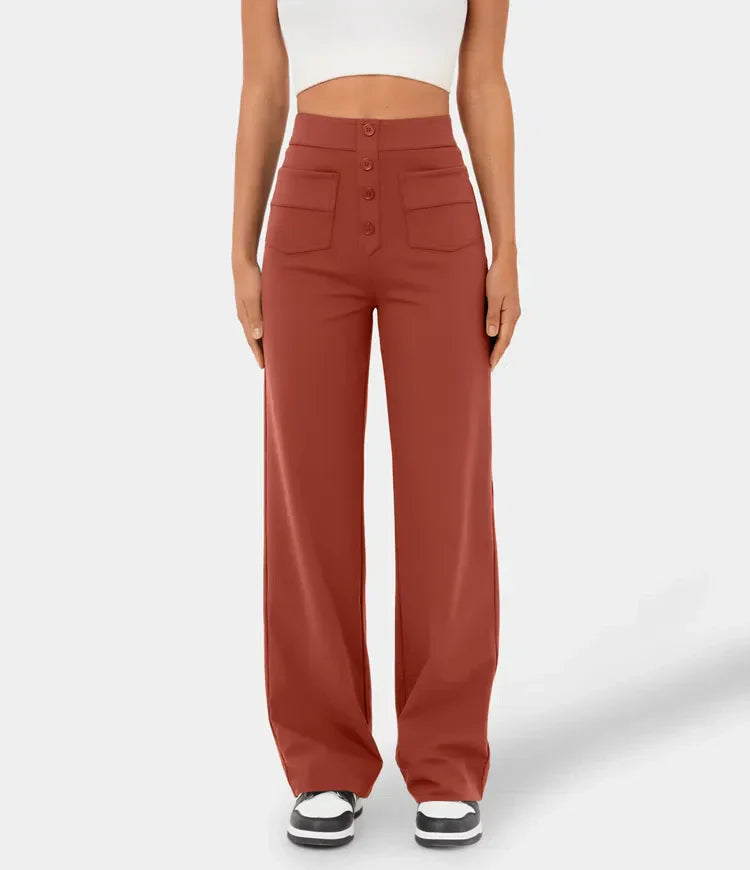 Broek met hoge taille | Knoop | Rechte pijp | Broek met wijde pijpen | Damesbroeken-Hallo Susanne