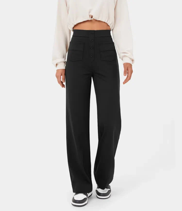 Broek met hoge taille | Knoop | Rechte pijp | Broek met wijde pijpen | Damesbroeken-Hallo Susanne