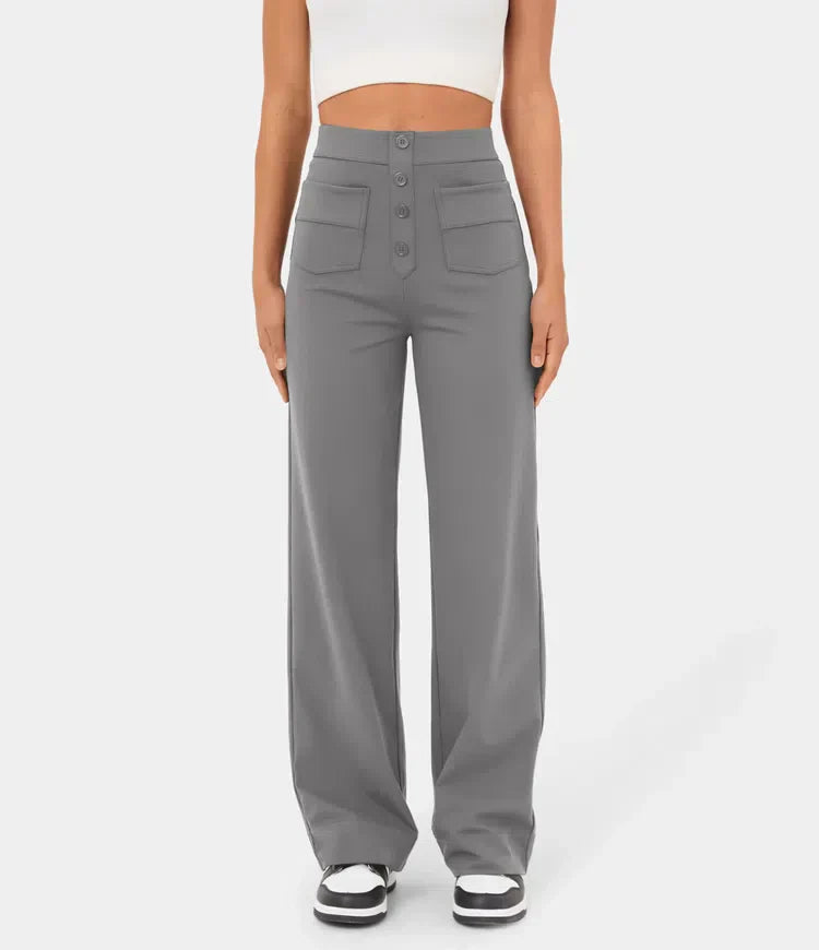 Broek met hoge taille | Knoop | Rechte pijp | Broek met wijde pijpen | Damesbroeken-Hallo Susanne