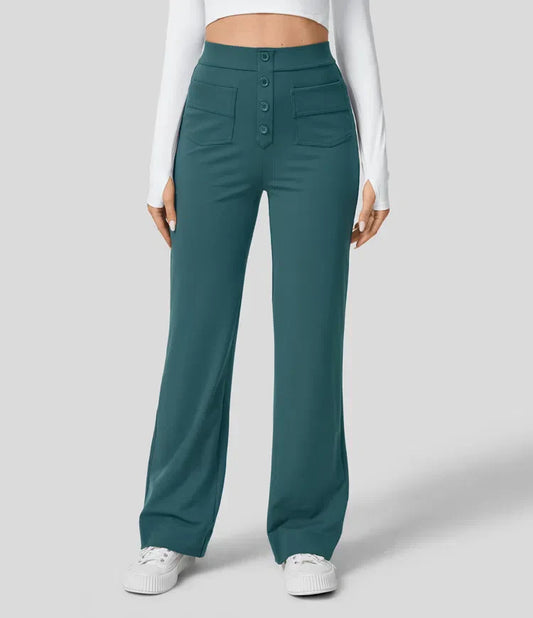 Broek met hoge taille | Knoop | Rechte pijp | Broek met wijde pijpen | Damesbroeken-Hallo Susanne