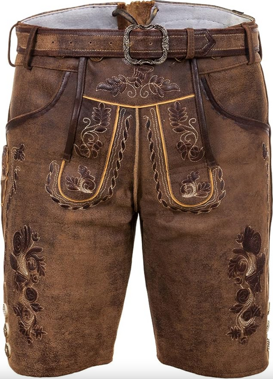 Bruin korte broek - Western geborduurde herenbroek met riem-Hallo Susanne