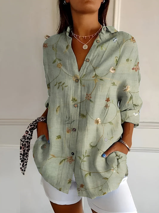 Button-Up Blouse | Bedrukt | Los Pasvorm | Blouse Met Lange Mouwen | Button-Up Overhemden voor Vrouwen-Hallo Susanne