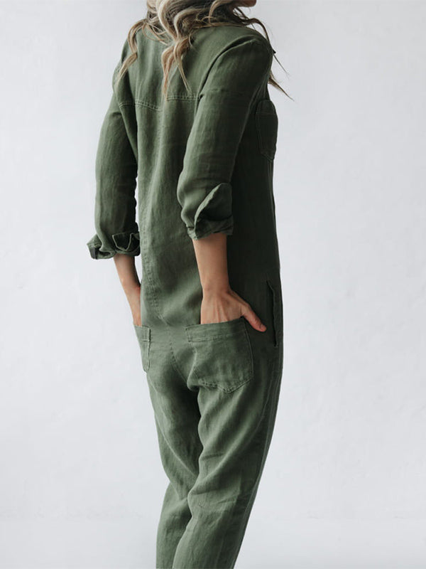 Casual jumpsuit | Button-Up | Collared | Jumpsuit met lange mouwen | Linnen Jumpsuit Dames-Hallo Susanne