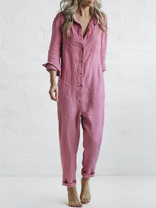 Casual jumpsuit | Button-Up | Collared | Jumpsuit met lange mouwen | Linnen Jumpsuit Dames-Hallo Susanne