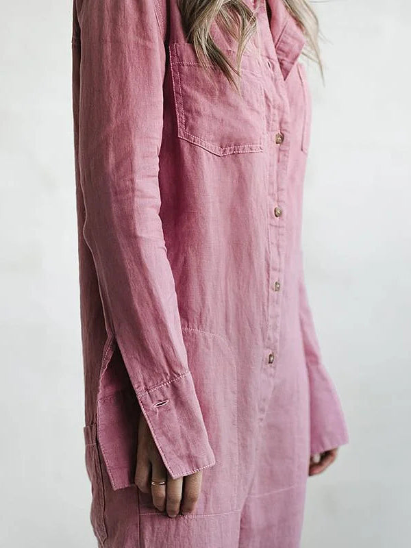 Casual jumpsuit | Button-Up | Collared | Jumpsuit met lange mouwen | Linnen Jumpsuit Dames-Hallo Susanne