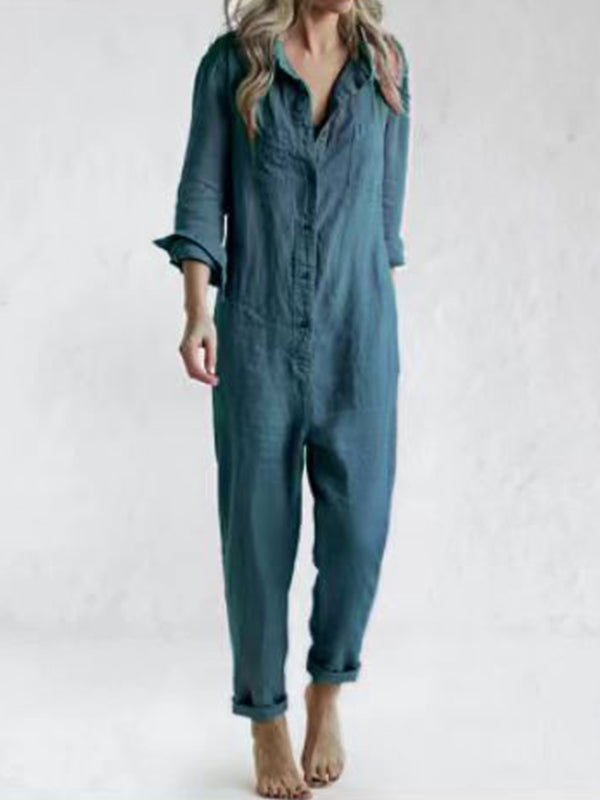 Casual jumpsuit | Button-Up | Collared | Jumpsuit met lange mouwen | Linnen Jumpsuit Dames-Hallo Susanne