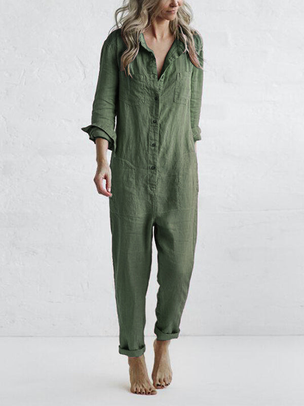 Casual jumpsuit | Button-Up | Collared | Jumpsuit met lange mouwen | Linnen Jumpsuit Dames-Hallo Susanne
