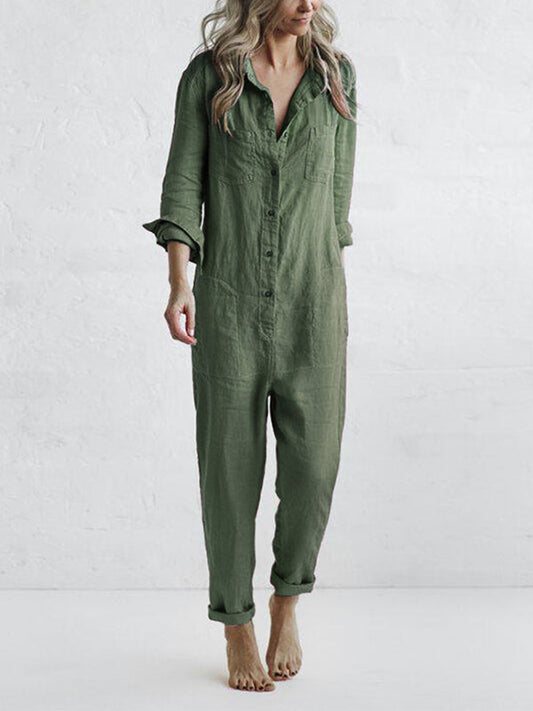 Casual jumpsuit | Button-Up | Collared | Jumpsuit met lange mouwen | Linnen Jumpsuit Dames-Hallo Susanne