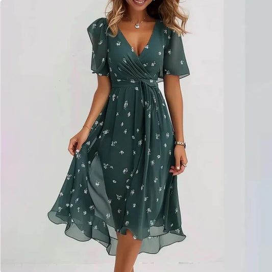 Chiffon jurk | V-hals | Vlindermouw | Midi jurk | Elegante jurk-Hallo Susanne
