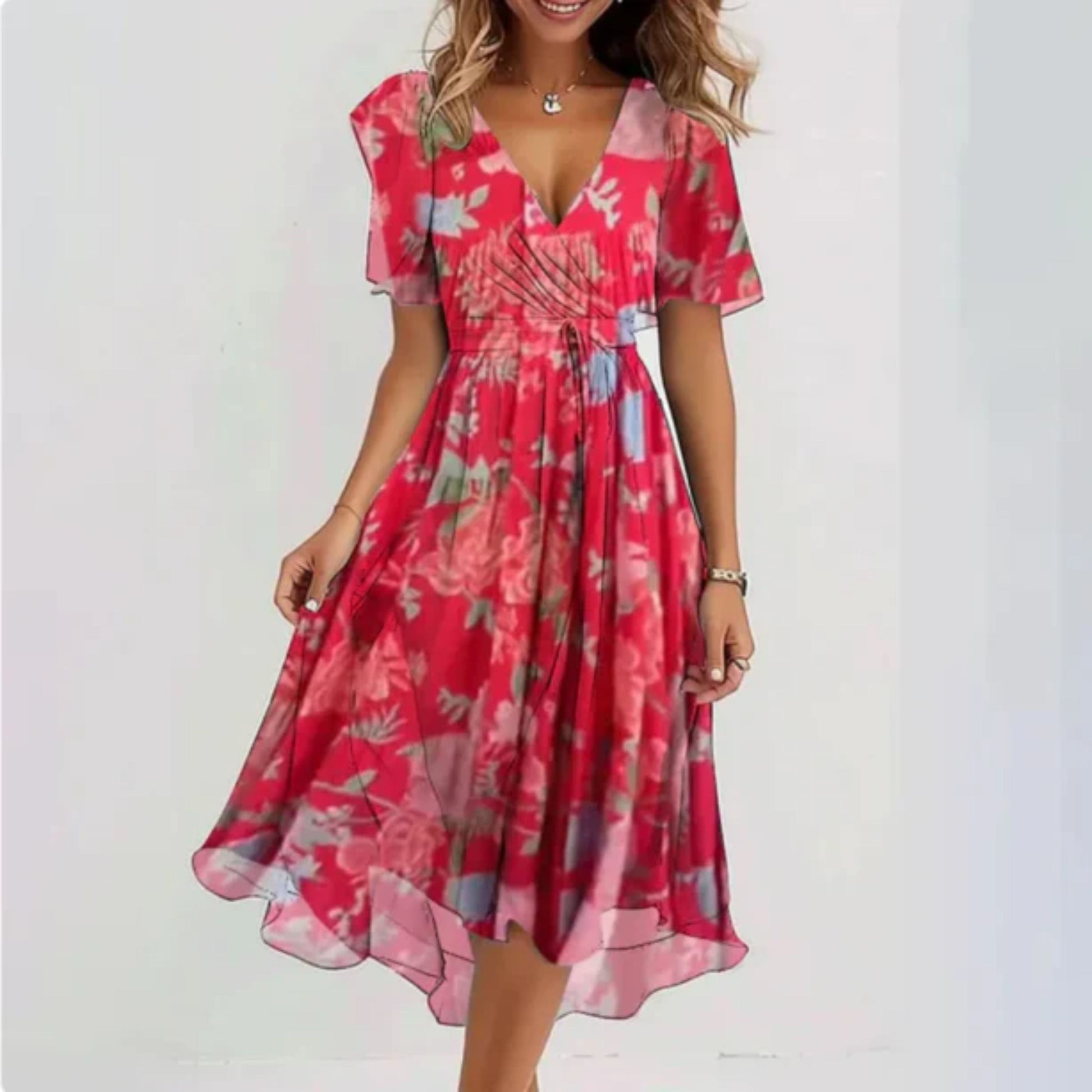 Chiffon jurk - V-hals - Vlindermouw - Midi jurk - Zomerjurk-Hallo Susanne