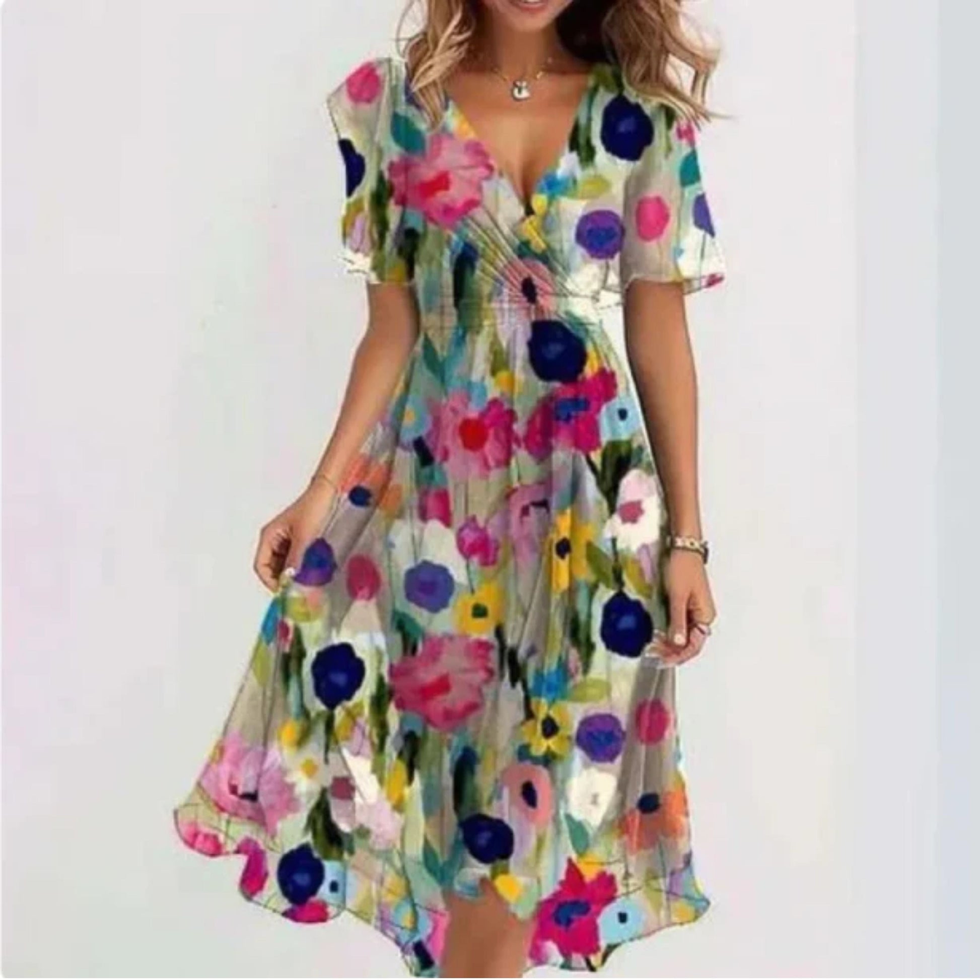 Chiffon jurk - V-hals - Vlindermouw - Midi jurk - Zomerjurk-Hallo Susanne