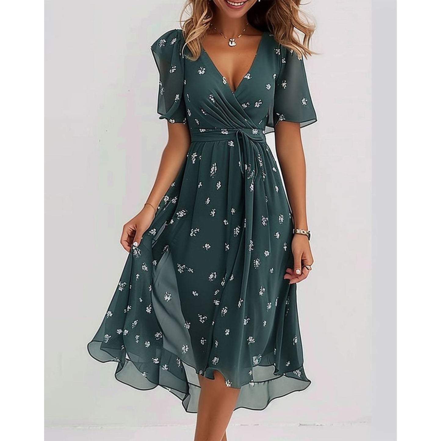 Chiffon jurk - V-hals - Vlindermouw - Midi jurk - Zomerjurk-Hallo Susanne