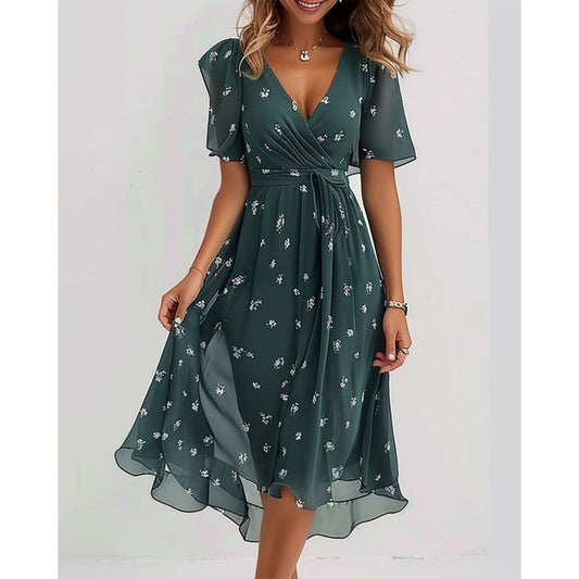 Chiffon jurk - V-hals - Vlindermouw - Midi jurk - Zomerjurk-Hallo Susanne