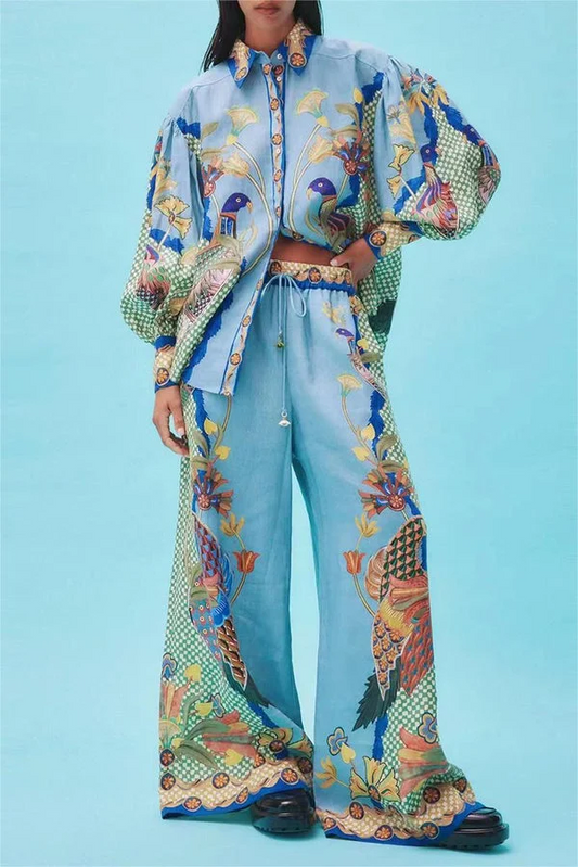 Co-Ord Set - Tweedelige Damesblouse met print en Wijde Broek-Hallo Susanne