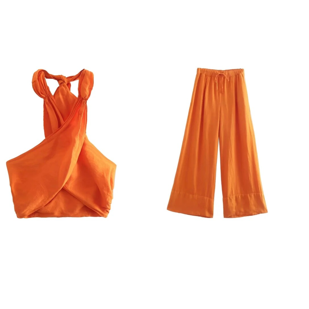Coord Set - Linnen - Wijde pijpen - Halternek - Tweedelige set - Zomerkleding voor dames-Hallo Susanne