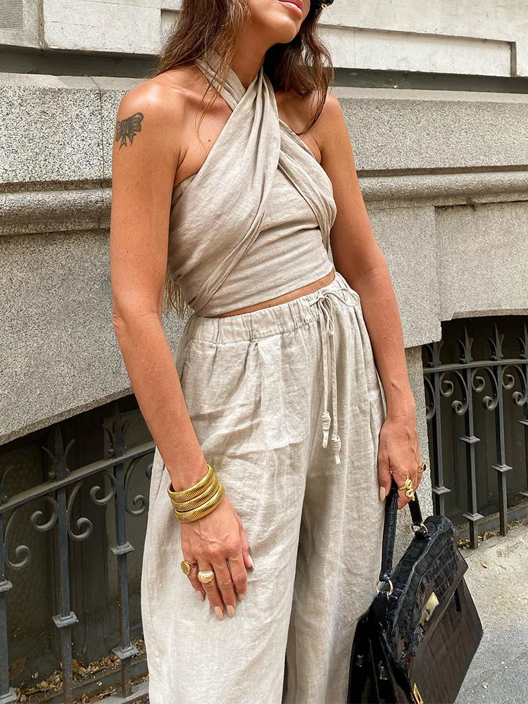 Coord Set - Linnen - Wijde pijpen - Halternek - Tweedelige set - Zomerkleding voor dames-Hallo Susanne
