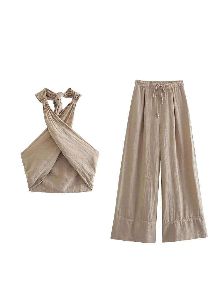 Coord Set - Linnen - Wijde pijpen - Halternek - Tweedelige set - Zomerkleding voor dames-Hallo Susanne