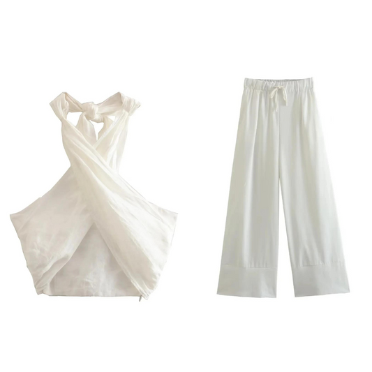 Coord Set - Linnen - Wijde pijpen - Halternek - Tweedelige set - Zomerkleding voor dames-Hallo Susanne