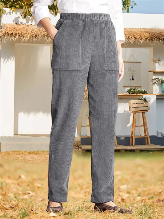 Corduroy Broek - Dames Casual Elastische Taille Rechte Pijp Koordbroek-Hallo Susanne