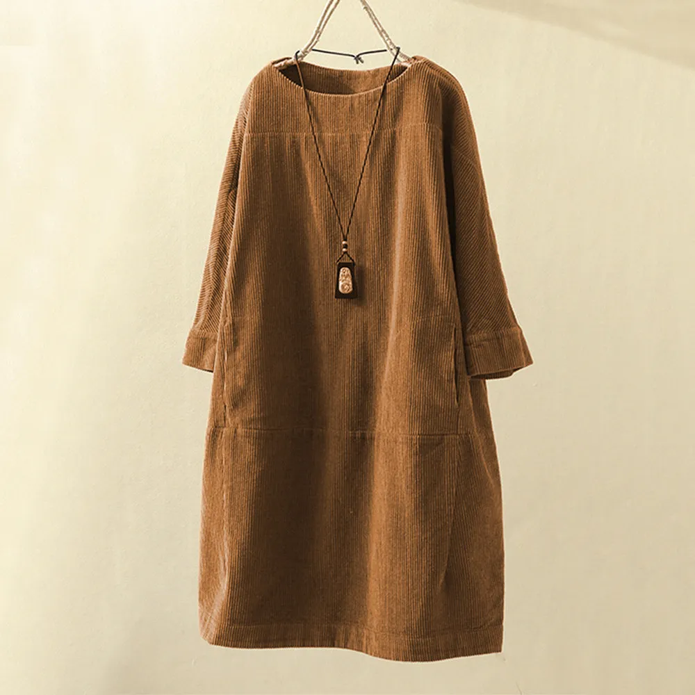 Corduroy Jurk - Dames Loose Fit Midi Jurk met Lange Mouwen-Hallo Susanne