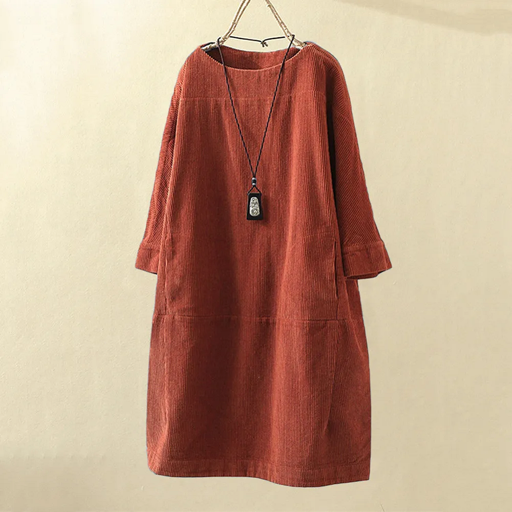 Corduroy Jurk - Dames Loose Fit Midi Jurk met Lange Mouwen-Hallo Susanne
