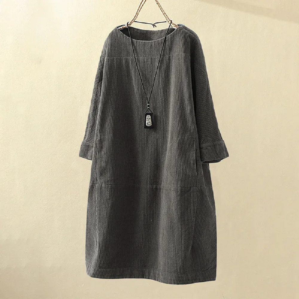 Corduroy Jurk - Dames Loose Fit Midi Jurk met Lange Mouwen-Hallo Susanne