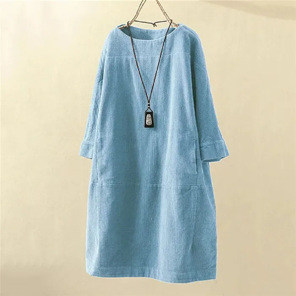 Corduroy Jurk - Dames Loose Fit Midi Jurk met Lange Mouwen-Hallo Susanne