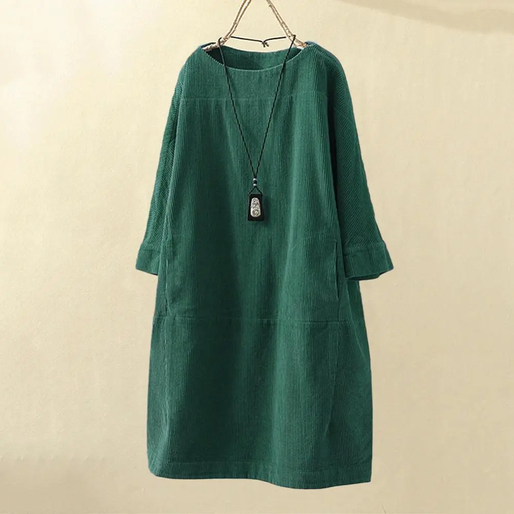 Corduroy Jurk - Dames Loose Fit Midi Jurk met Lange Mouwen-Hallo Susanne