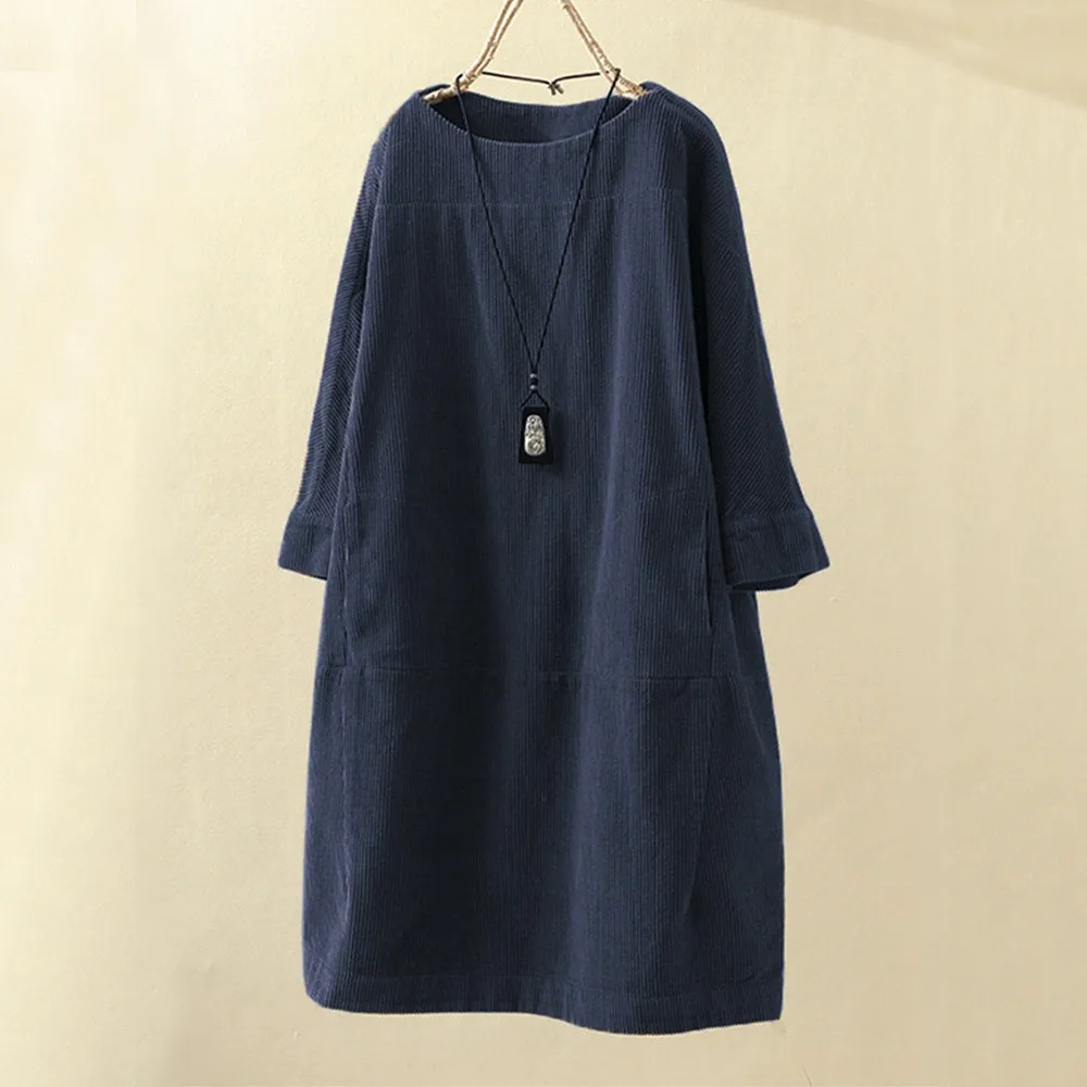 Corduroy Jurk - Dames Loose Fit Midi Jurk met Lange Mouwen-Hallo Susanne