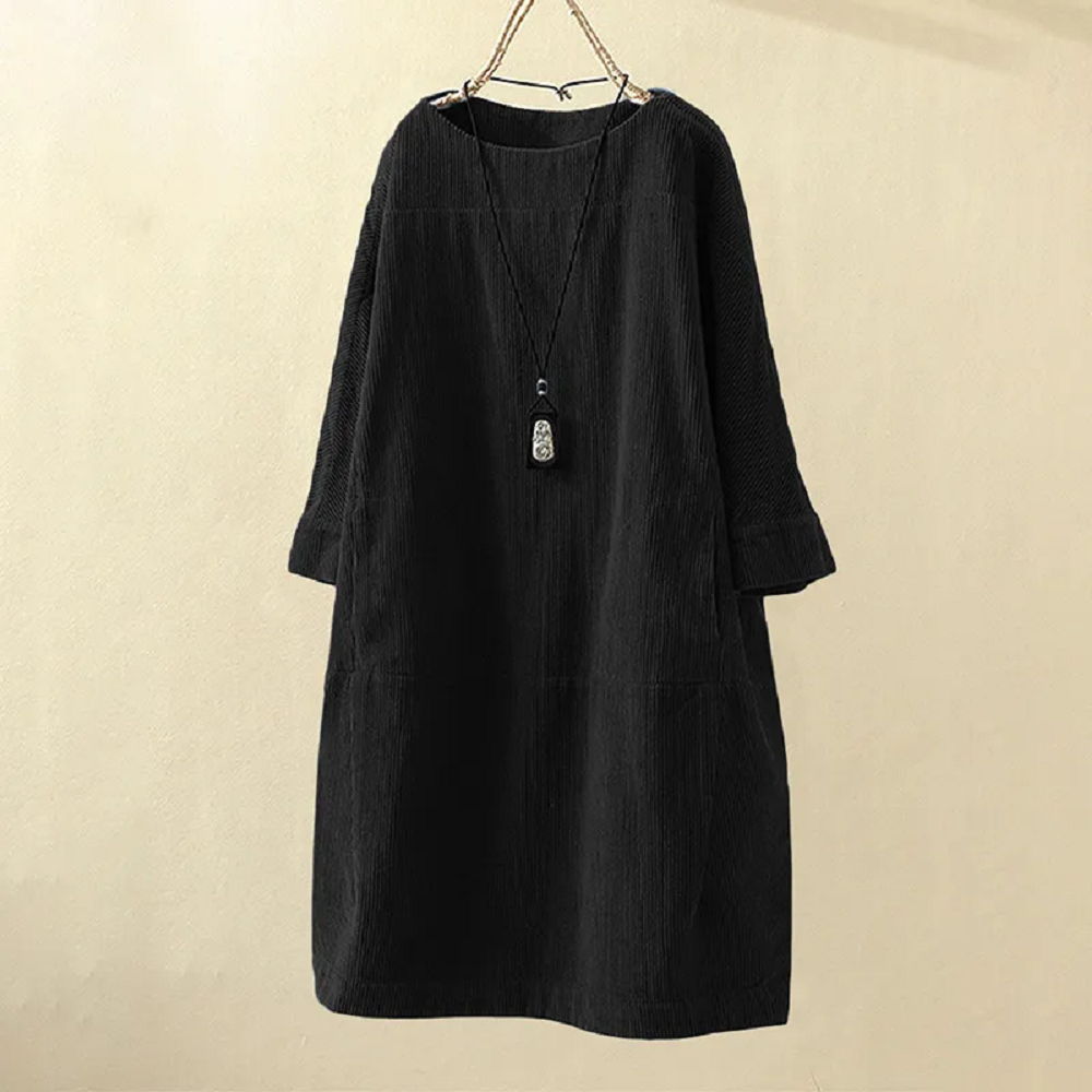 Corduroy Jurk - Dames Loose Fit Midi Jurk met Lange Mouwen-Hallo Susanne