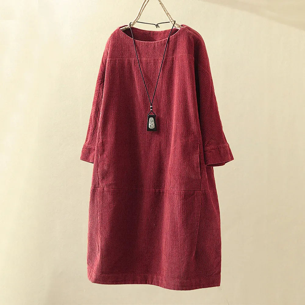 Corduroy Jurk - Dames Loose Fit Midi Jurk met Lange Mouwen-Hallo Susanne