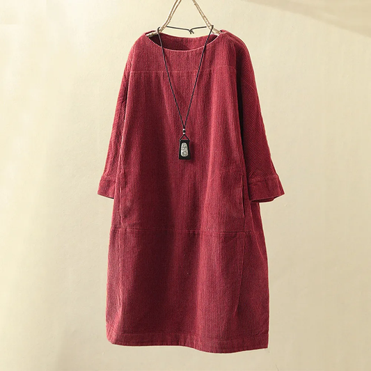 Corduroy Jurk - Dames Loose Fit Midi Jurk met Lange Mouwen-Hallo Susanne