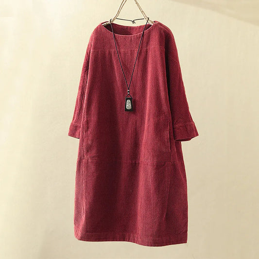 Corduroy Jurk - Los model - Lange Mouw - Oversized Jurk - Midi Jurk-Hallo Susanne