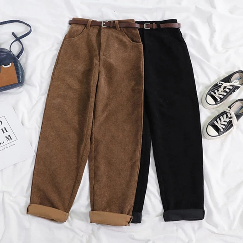 Corduroy broek - Loszittende baggy corduroy broek met hoge taille voor dames-Hallo Susanne