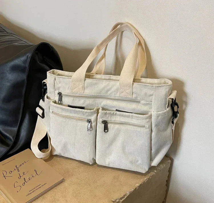 Corduroy tas - Multi-zak schoudertas met lange riem voor dames-Hallo Susanne